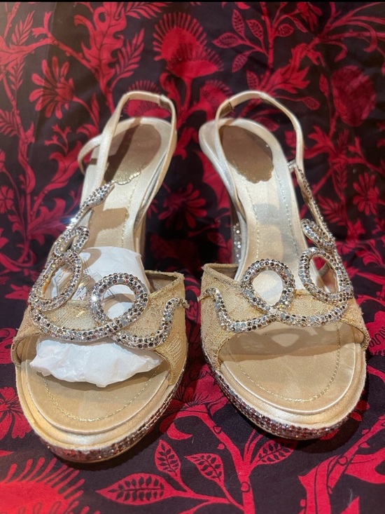 Rene Caovilla Shoes - Gold Embellished Slingback Sandals with Crystal Accents